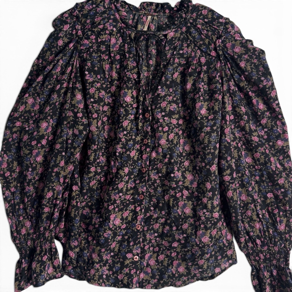 Free People‎ Meant To Be Floral Black Pink Women Large Puffy Sleeve Boho Top - Picture 2 of 9